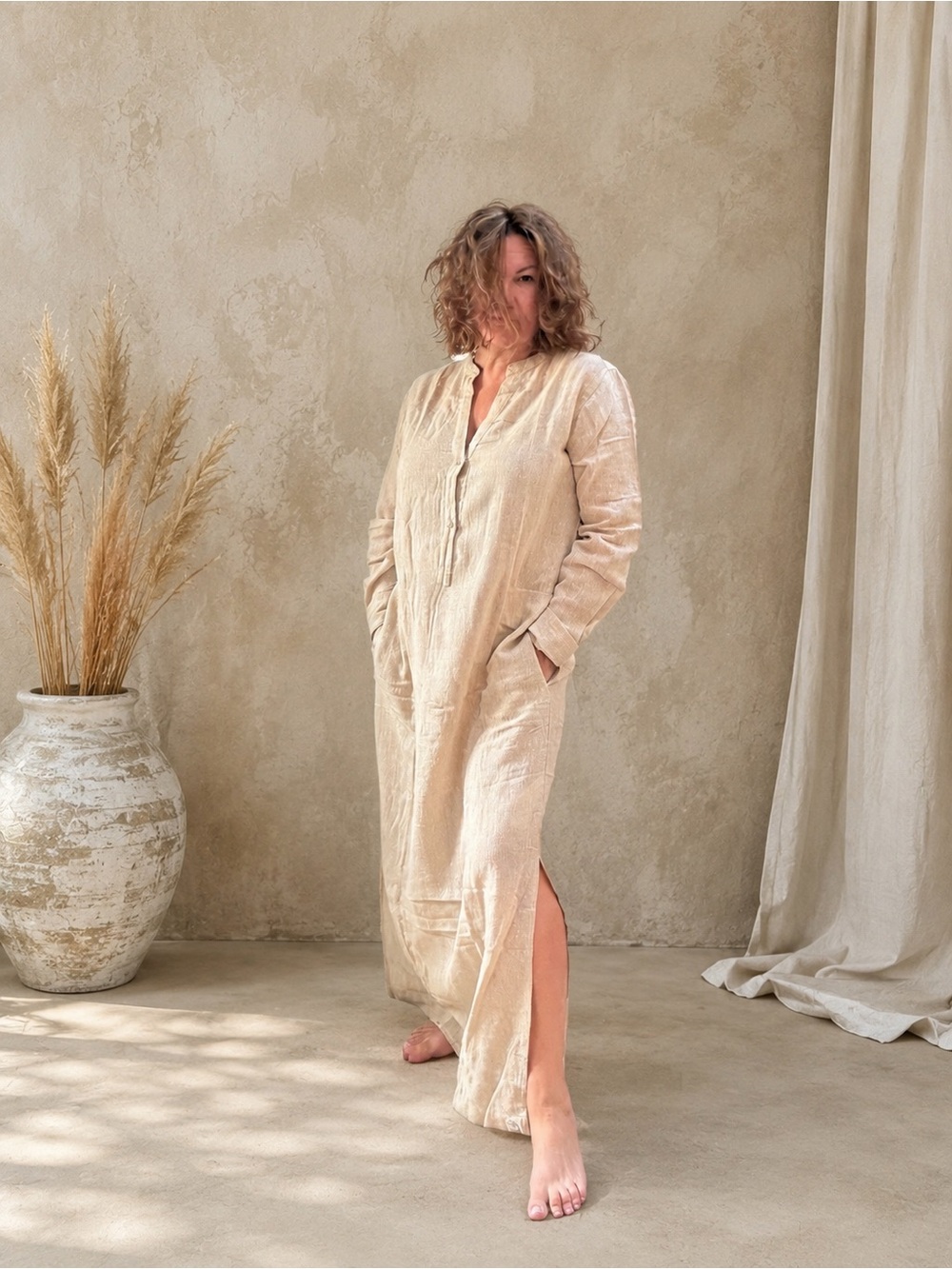 Jute/cotton Cream Long Button-Front dress with Side Slit